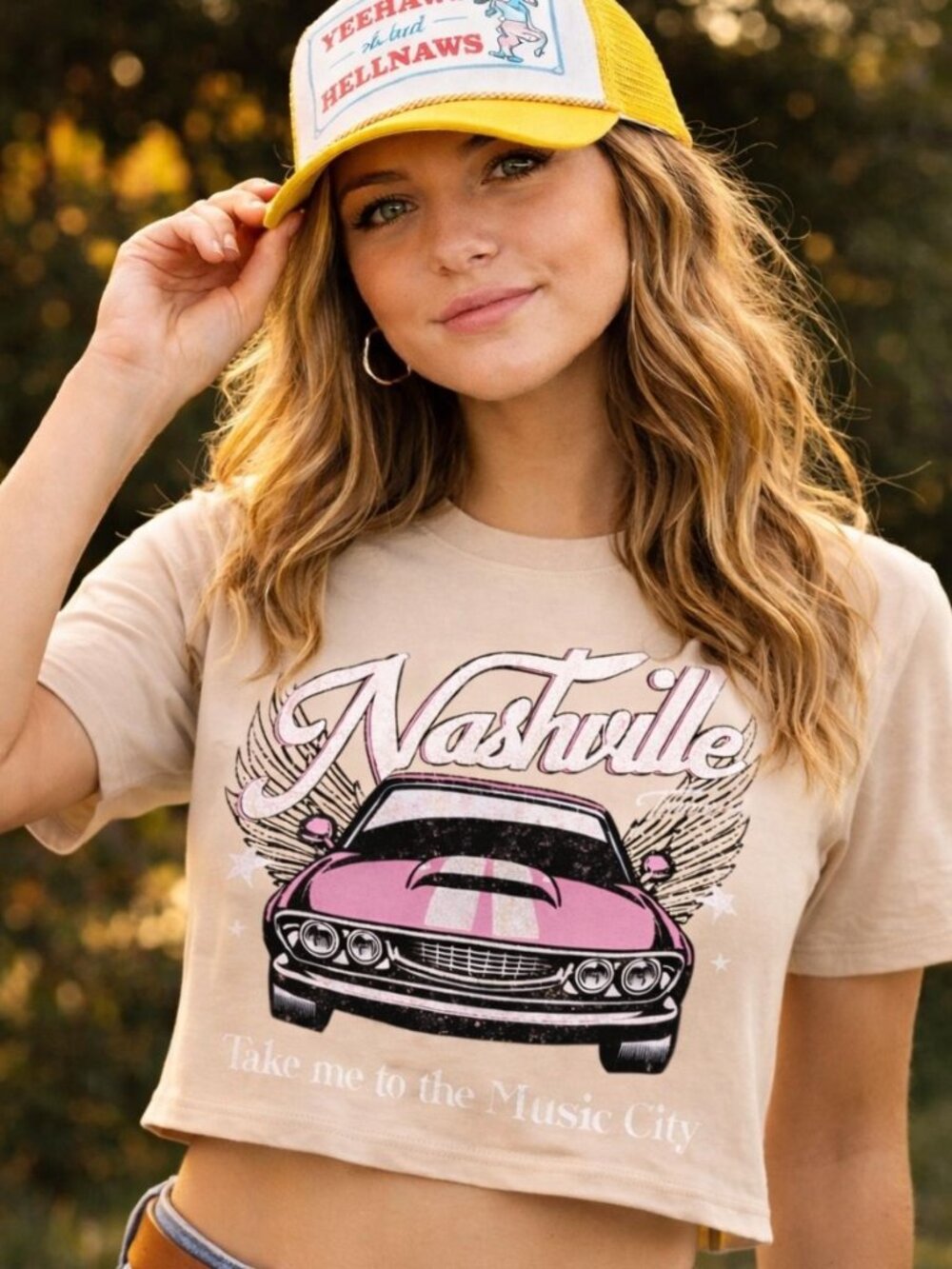 Shaded Pink Nashville Crop Top Medium |Vintage Graphic Tee Pink Car Western Boho